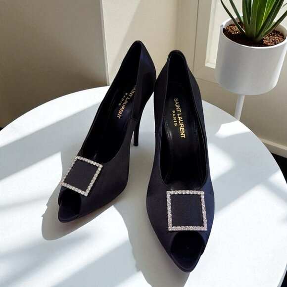 NIB Authentic Saint Laurent Black Frankly 115 Satin Peep Pump Sandals - Picture 11 of 16